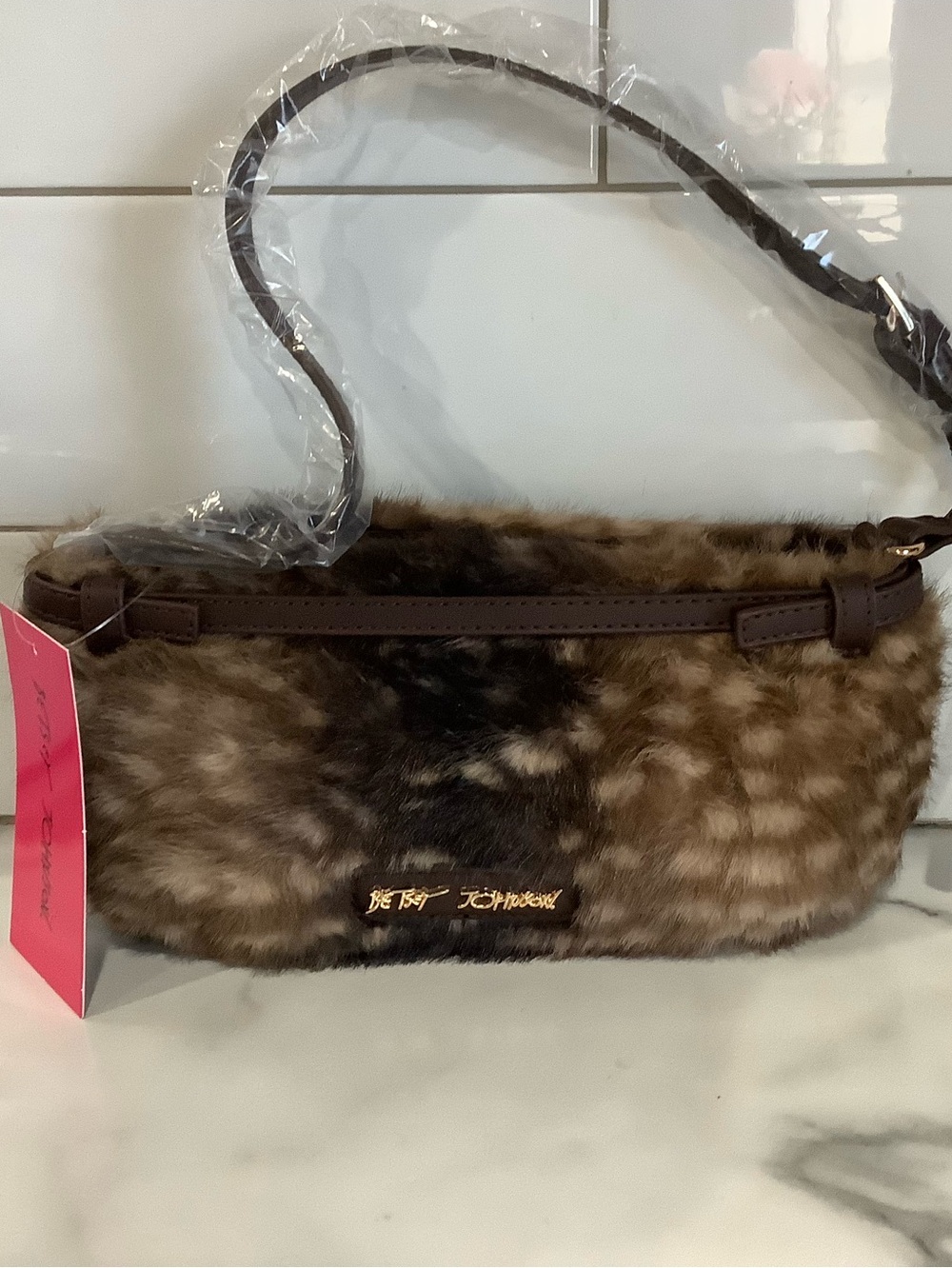 Betsey Johnson Brown Faux Fur XoJane Belted Bag with Gold Logo
